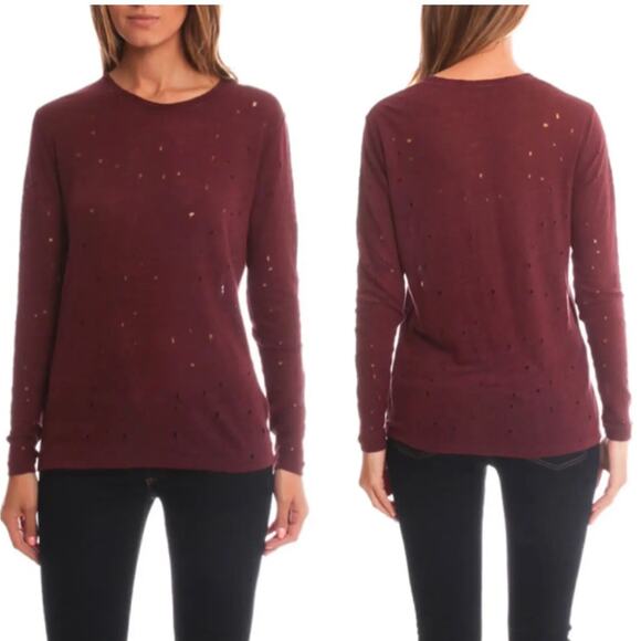 IRO Marvina 100% Linen Tee Burgundy Women S Holes Distressed Long Sleeve T-Shirt - Picture 1 of 7